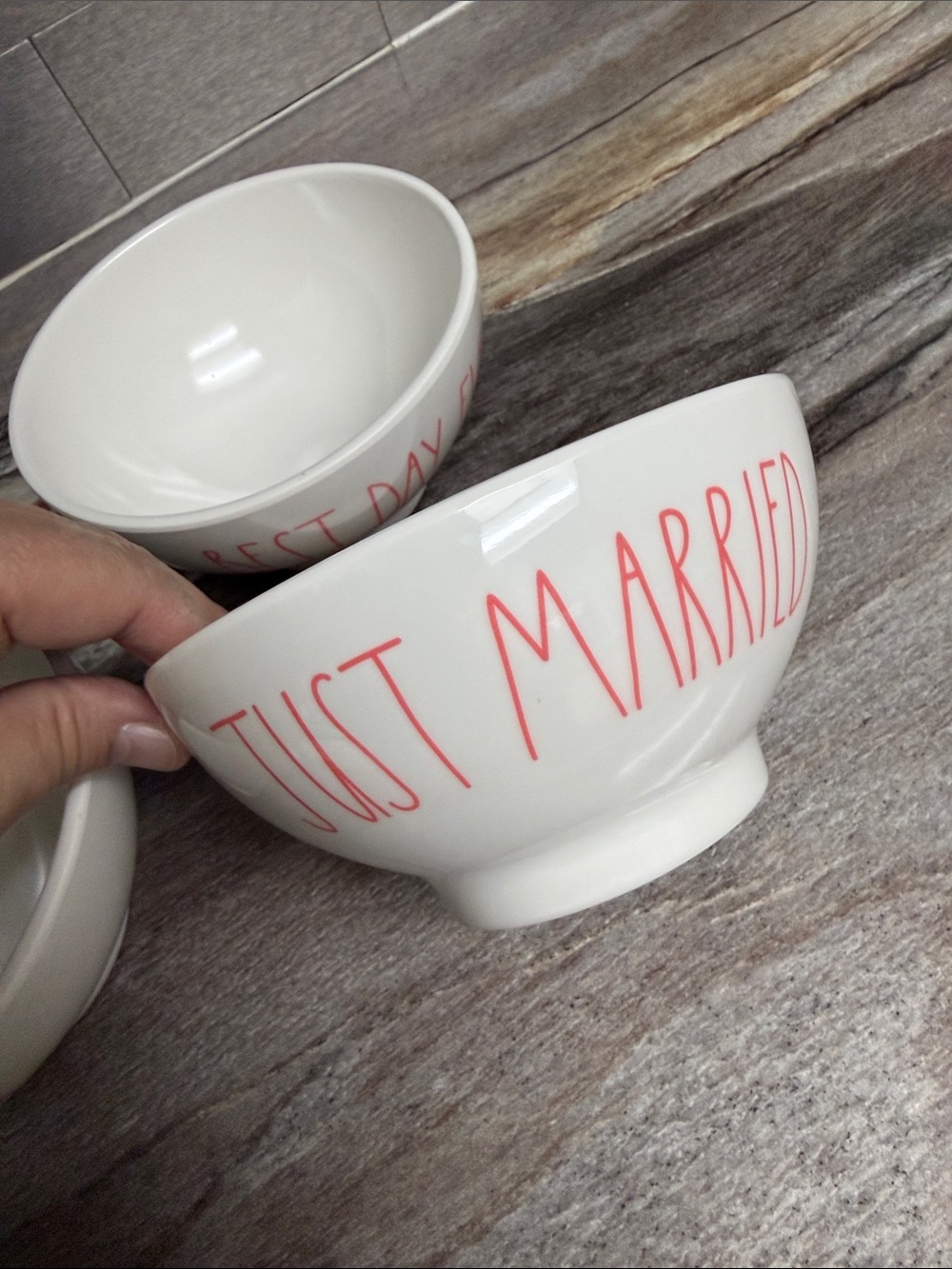 Rae Dunn White Melamine Bowls with Pink Script Set - Picture 7 of 8